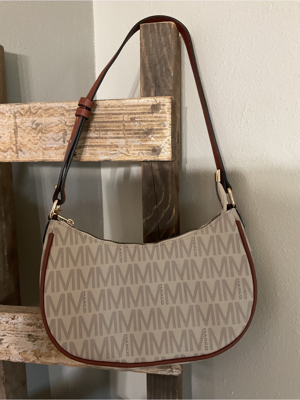 Monogram Crescent Shoulder Bag in Beige with Brown Trim